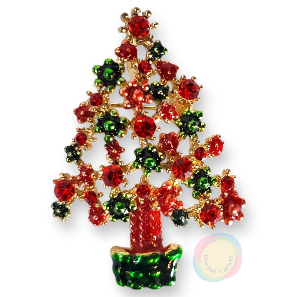 Vintage Enamel Rhinestone Christmas Tree Brooch Pin